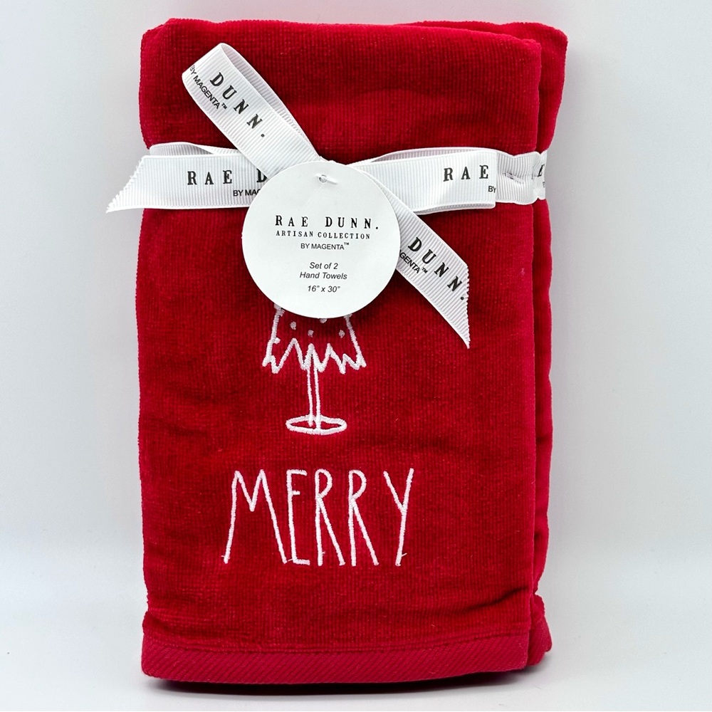 Rae Dunn Set of 2 Holiday Christmas Hand Towels, (16" x 30") (MERRY)